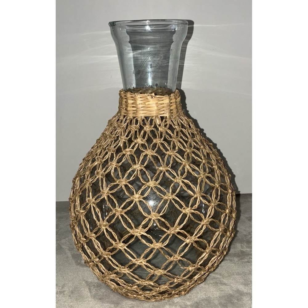 Wicker Wrapped Glass Vase 13x9" Boho Rustic Farmhouse - Picture 1 of 7